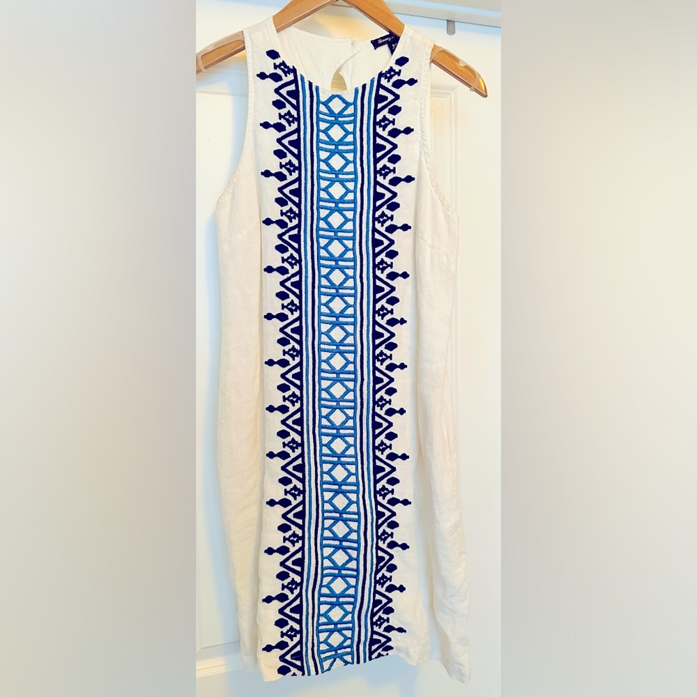 Tommy Bahama White Linen Dress with Blue Embroidery